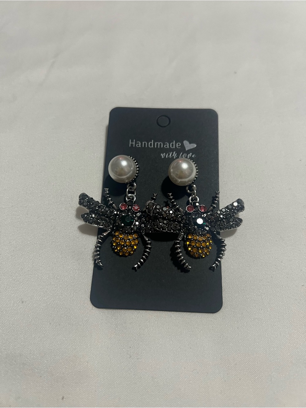 Handmade Pearl Drop Bee Statement Earrings - Black and Gold